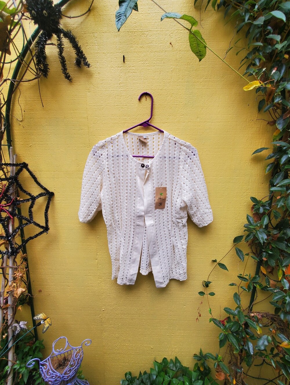 Cream Open-Knit Short Sleeve Top